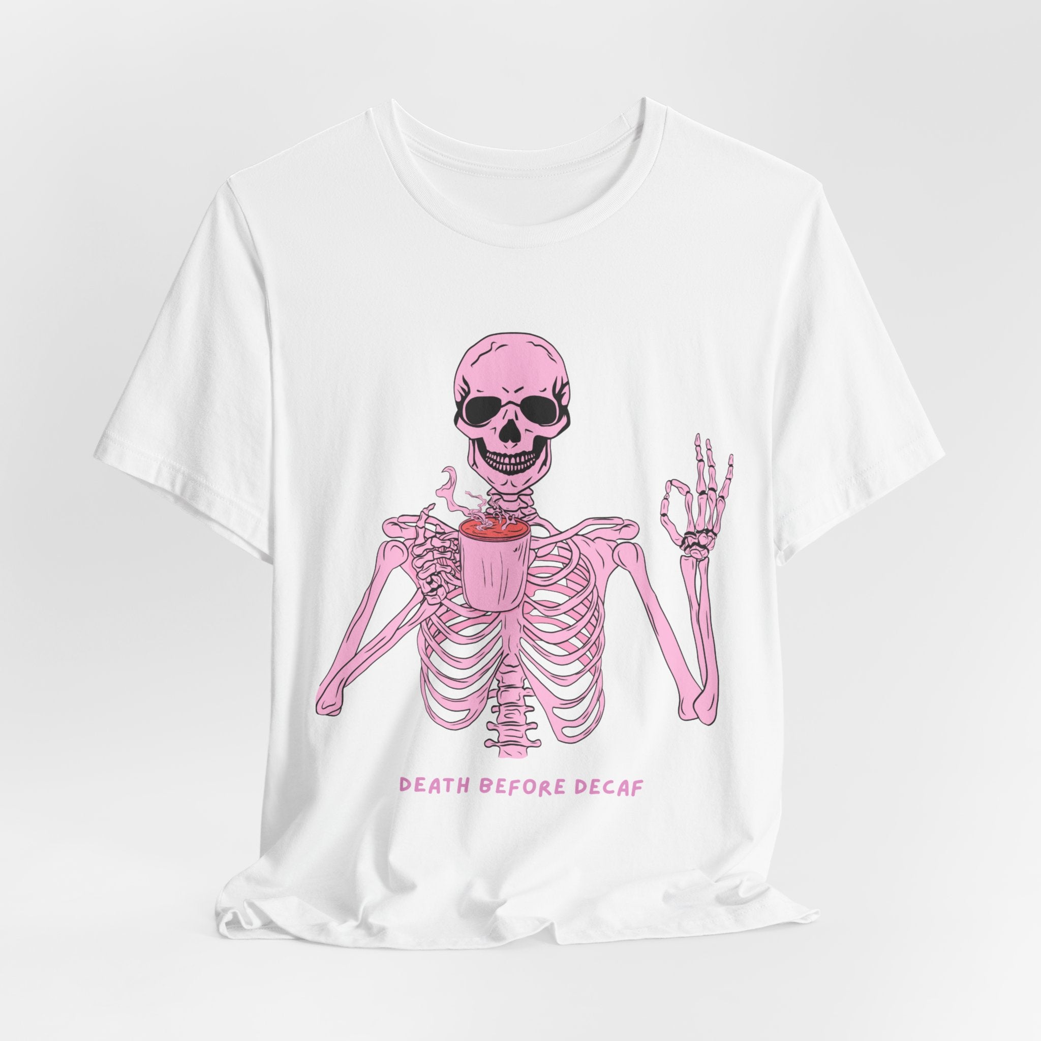 Skeleton 'Death Before Decaf' Tee — Pink Coffee Gothic T-Shirt