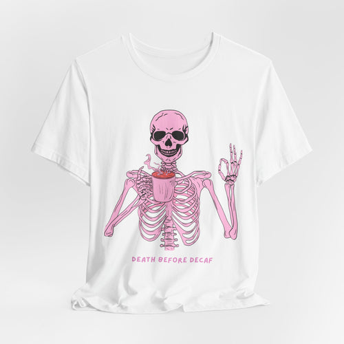 Skeleton 'Death Before Decaf' Tee — Pink Coffee Gothic T-Shirt