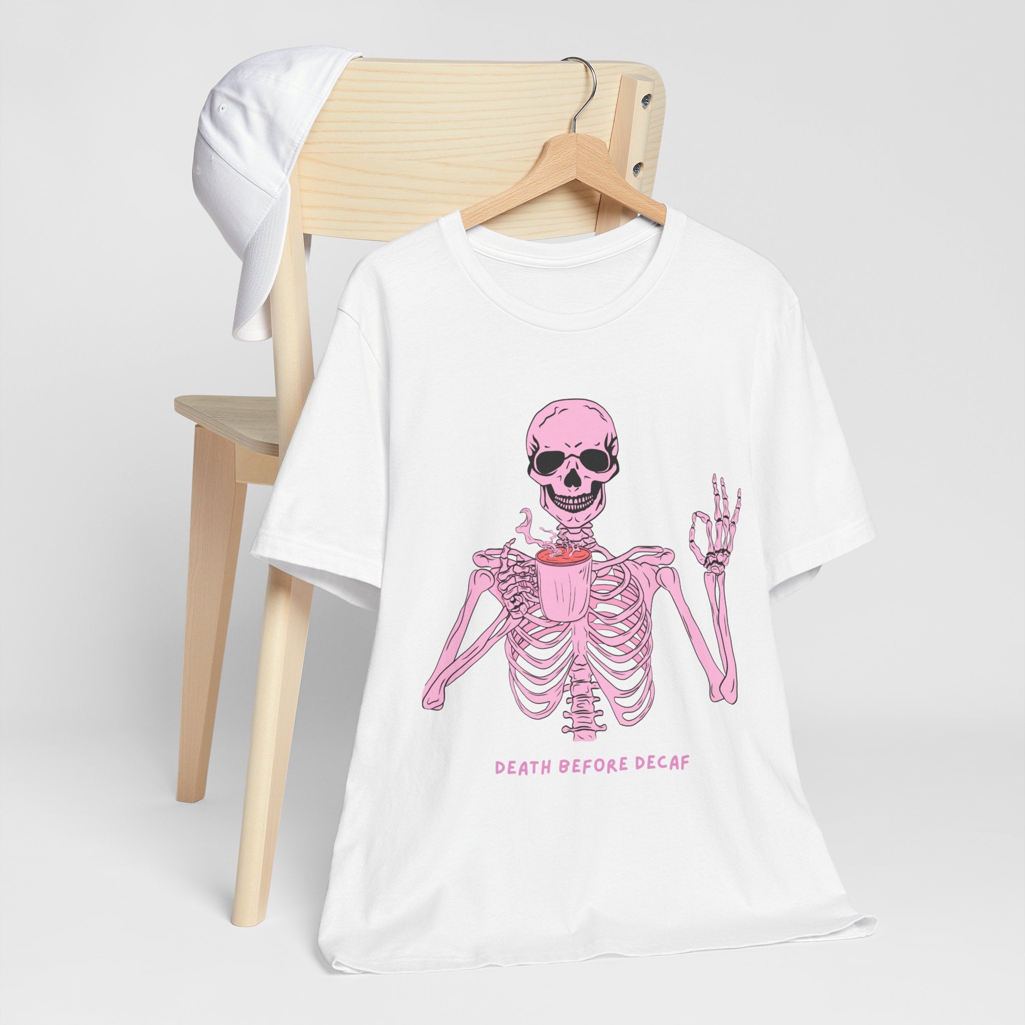 Skeleton 'Death Before Decaf' Tee — Pink Coffee Gothic T-Shirt