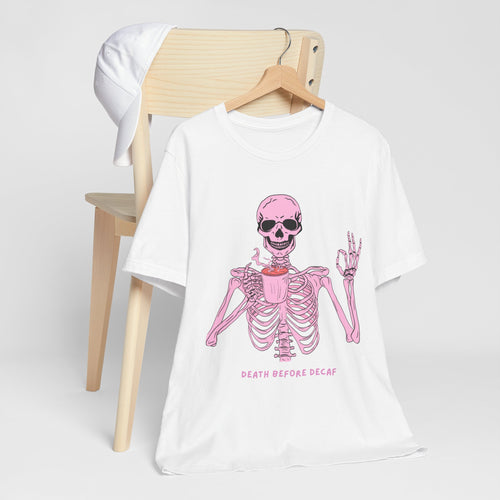 Skeleton 'Death Before Decaf' Tee — Pink Coffee Gothic T-Shirt