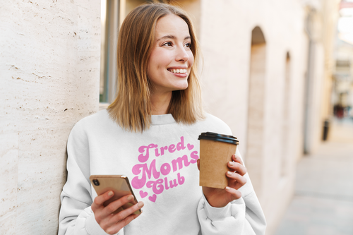 Tired Moms Club Sweatshirt — Cute Pink Retro Mom Life Pullover