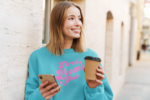 Tired Moms Club Sweatshirt — Cute Pink Retro Mom Life Pullover