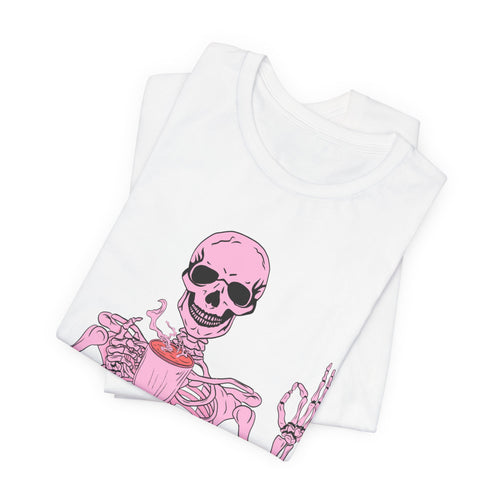 Skeleton 'Death Before Decaf' Tee — Pink Coffee Gothic T-Shirt