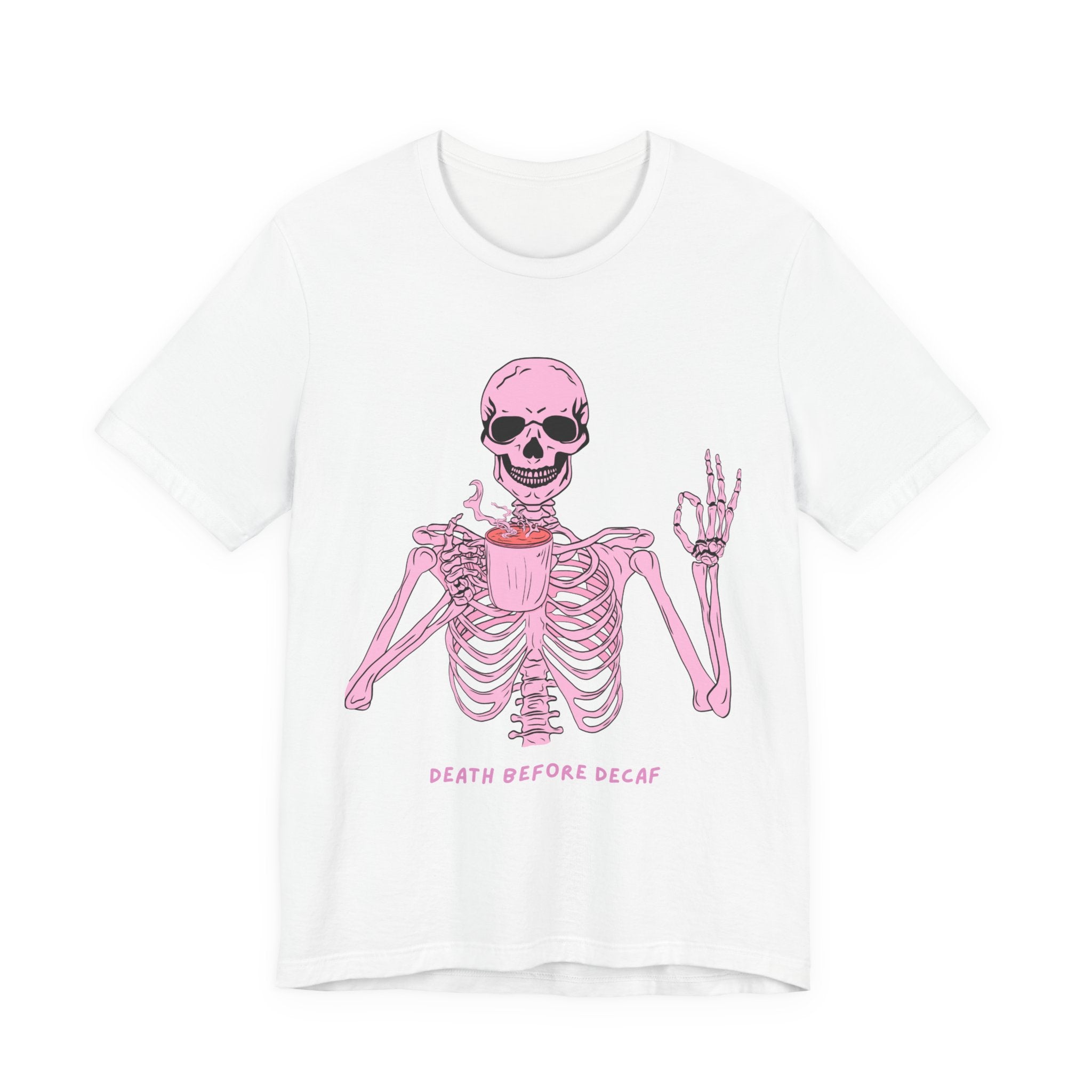 Skeleton 'Death Before Decaf' Tee — Pink Coffee Gothic T-Shirt